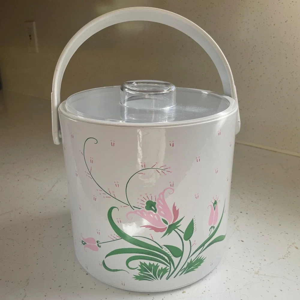 VTG Spring Tulip Ice Bucket w Lid‎ 1970s Retro Garden Party Mid-Century Barware